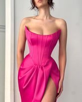 Vestido de fiesta fucsia largo, sencillo, sexy, sin mangas, de satén, con abertura